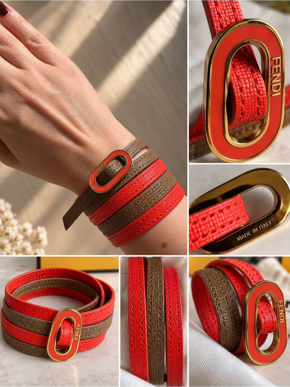FENDI Coral Taupe Leather Multi Wrap Bracelet Gold Enamel Logo